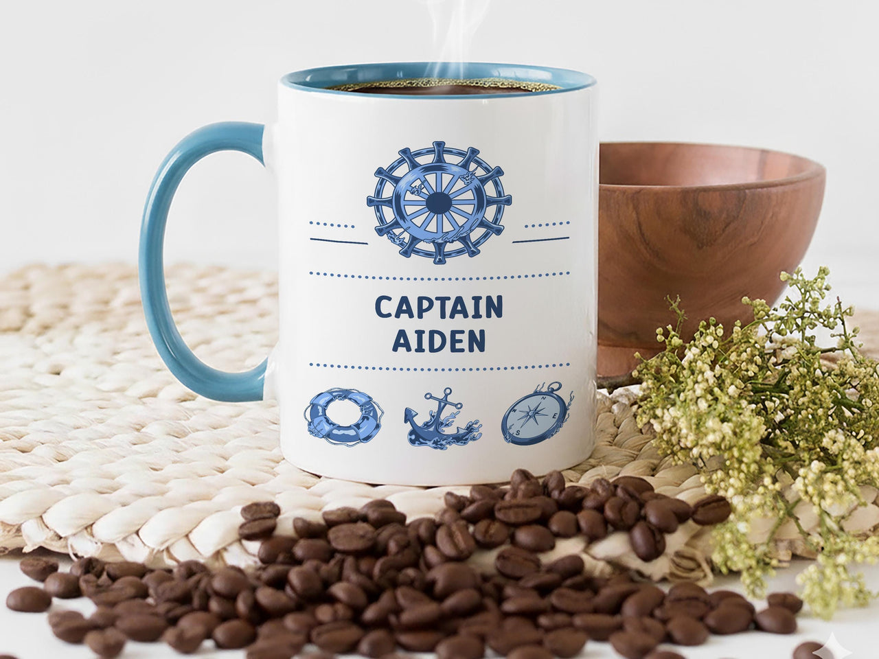 Captain Personalised Mug – Nautical Wheel and Anchor – Custom Name Gift for Boat Lovers, Sailing Fans and Sea Captains