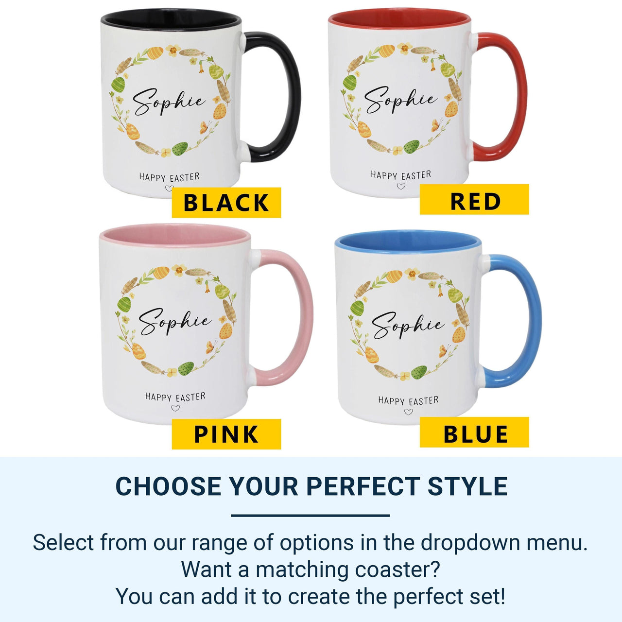 Happy Easter Personalised Name Mug – Floral Egg Wreath with Script and Heart – Kids’ Basket Filler and Spring Morning Cocoa