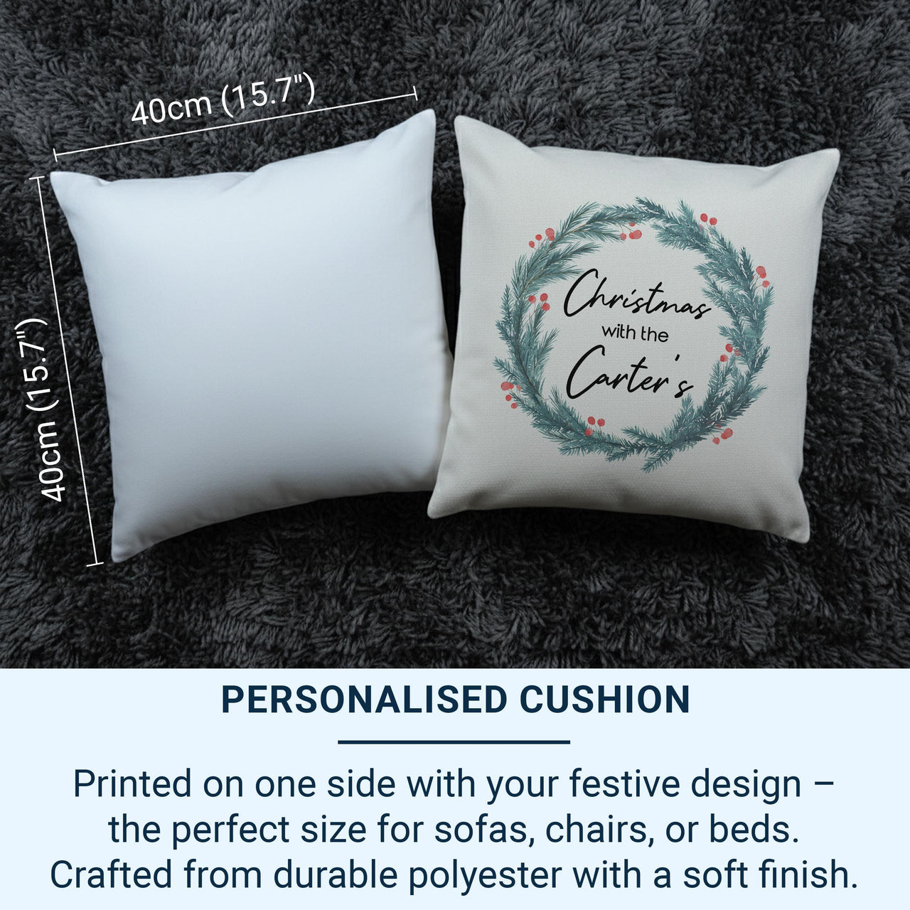 Personalised Christmas Wreath Cushion - Festive Holiday Keepsake with Family Name