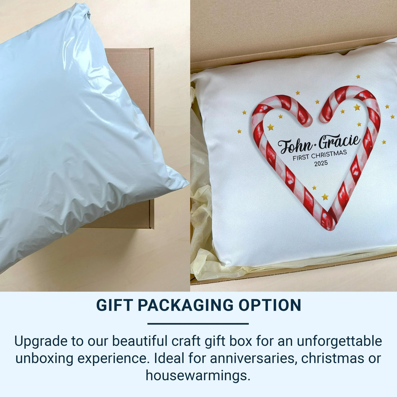 Personalised First Christmas Cushion – Custom Christmas Pillow With Romantic Candy Cane Heart