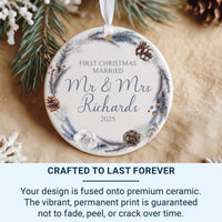 First Christmas Married Personalised Ornament | Just Married Keepsake | Custom Mr and Mrs Bauble | Round Christmas Decoration | Couple Gift