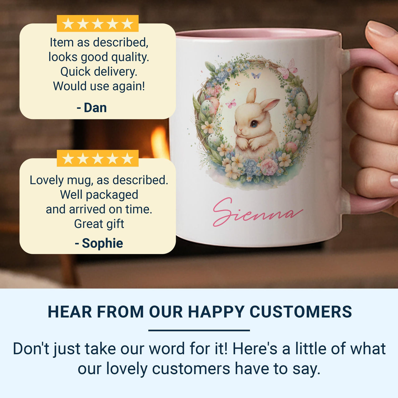 Personalised Easter Name Mug – Bunny with Floral Wreath, Eggs and Butterflies – Kids’ Spring Basket and Egg Hunt Gift