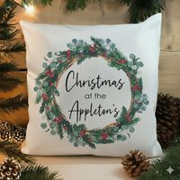 Personalised Christmas at The Family Cushion, Xmas Wreath Cushion Cover, Gift for Friend, Stocking Filler, Best Home Xmas Decoration