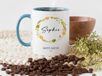 Happy Easter Personalised Name Mug – Floral Egg Wreath with Script and Heart – Kids’ Basket Filler and Spring Morning Cocoa