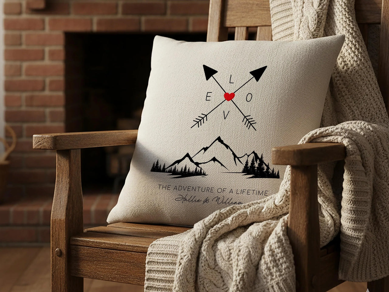 Personalised Adventure Cushion – Romantic Mountain Pillow With Custom Names & Arrows Design