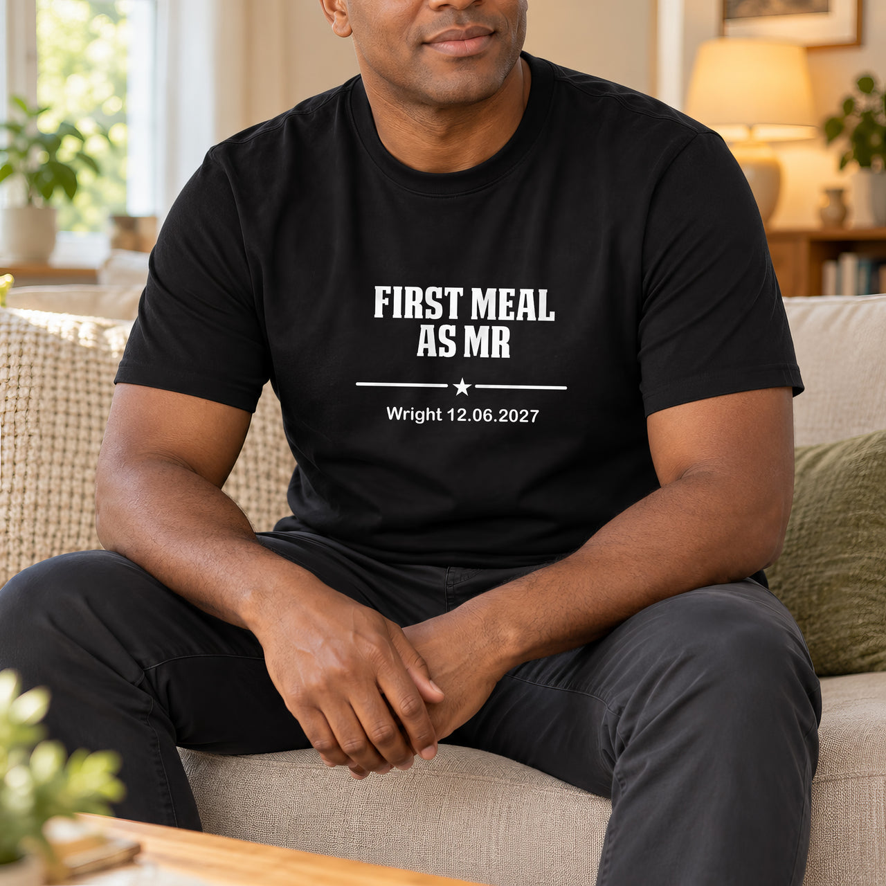 First Meal As Mr Iron-On Transfer - Block Letter Design, shown on a black t-shirt
