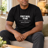 First Meal As Mr Iron-On Transfer - Block Letter Design, shown on a black t-shirt