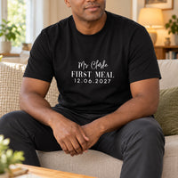 First Meal As Mr Iron-On Transfer - Personalised Surname & Date Design, shown on a black t-shirt