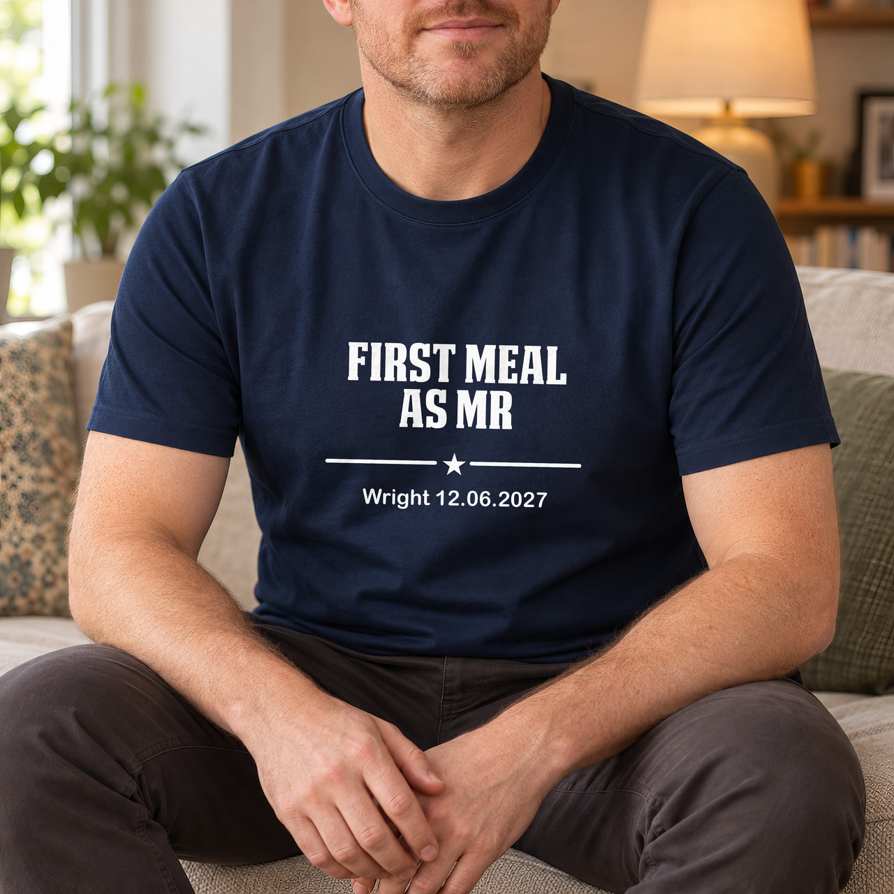 First Meal As Mr Iron-On Transfer - Block Letter Design, shown on a navy t-shirt