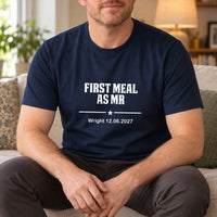 First Meal As Mr Iron-On Transfer - Block Letter Design, shown on a navy t-shirt