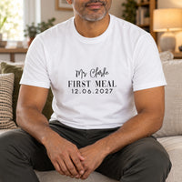First Meal As Mr Iron-On Transfer - Personalised Surname & Date Design, shown on a white t-shirt