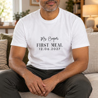 First Meal As Mr Apron Iron-On Transfer - Groom Gift, shown on a white t-shirt
