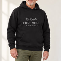 First Meal As Mr Apron Iron-On Transfer - Groom Gift, shown on a black hoodie