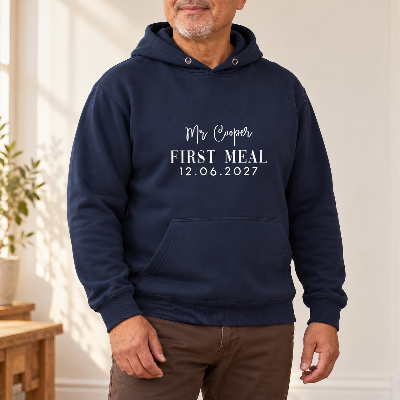 First Meal As Mr Apron Iron-On Transfer - Groom Gift, shown on a navy hoodie