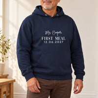 First Meal As Mr Apron Iron-On Transfer - Groom Gift, shown on a navy hoodie