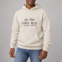 First Meal As Mr Iron-On Transfer - Personalised Surname & Date Design, shown on a natural hoodie