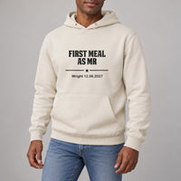 First Meal As Mr Iron-On Transfer - Block Letter Design, shown on a natural hoodie