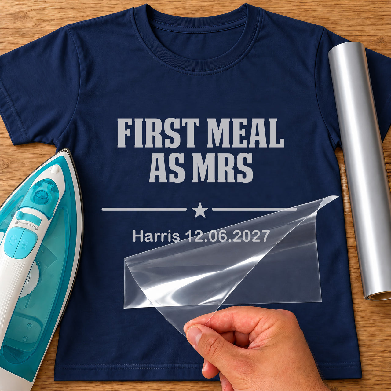 First Meal As Mrs Iron-On Transfer - Personalised Surname & Date Design