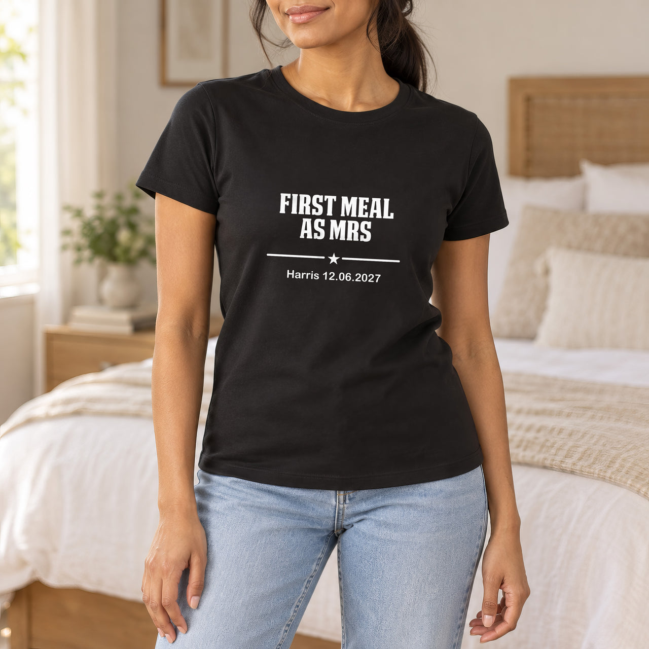 First Meal As Mrs Iron-On Transfer - Block Letter Design, shown on a black t-shirt