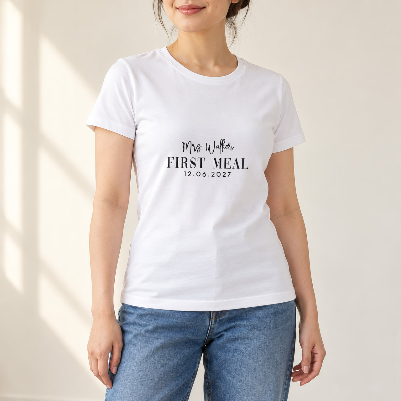 First Meal As Mrs Iron-On Transfer - Personalised Surname & Date Design, shown on a white t-shirt