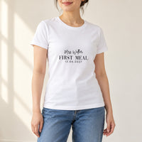 First Meal As Mrs Iron-On Transfer - Personalised Surname & Date Design, shown on a white t-shirt