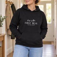 First Meal As Mrs Iron-On Transfer - Personalised Surname & Date Design, shown on a black hoodie
