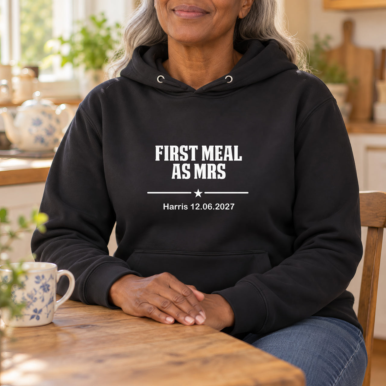 First Meal As Mrs Iron-On Transfer - Block Letter Design, shown on a black hoodie