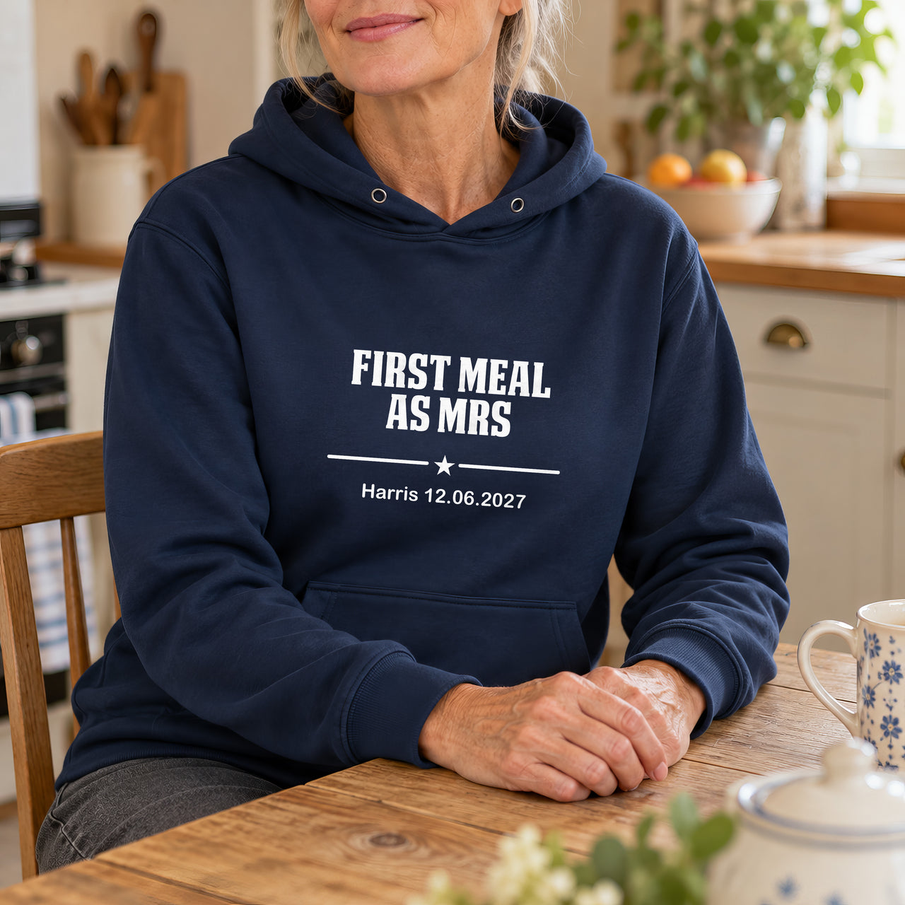 First Meal As Mrs Iron-On Transfer - Block Letter Design, shown on a navy hoodie