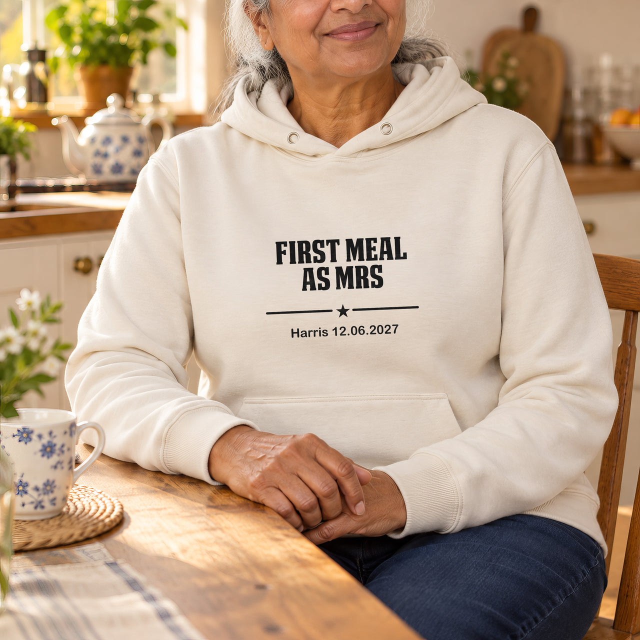 First Meal As Mrs Iron-On Transfer - Block Letter Design, shown on a natural hoodie