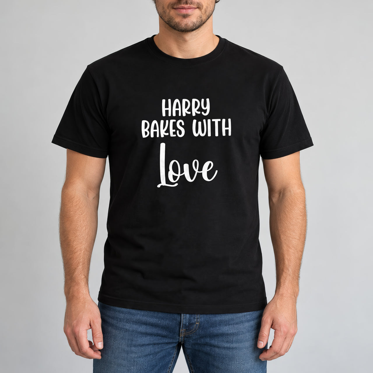 Bakes With Love Iron-On Transfer - Personalised Name Design, shown on a black t-shirt