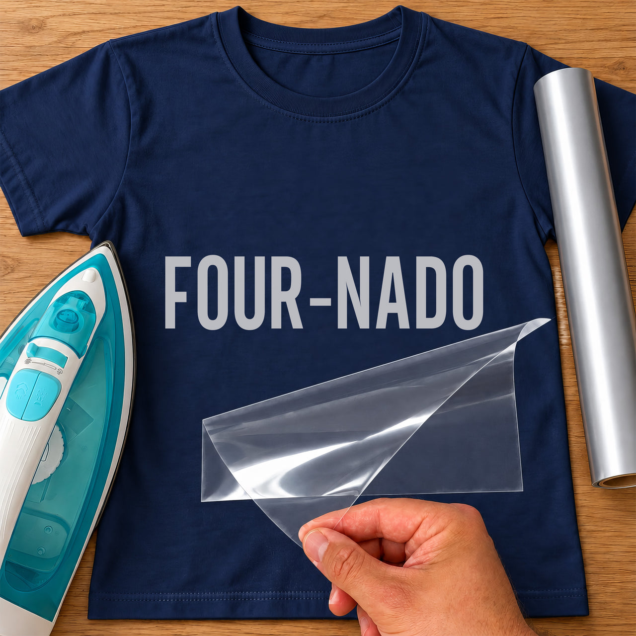 Four-nado 4th birthday iron-on transfer: silver FOUR-NADO on a navy T-shirt, film being peeled