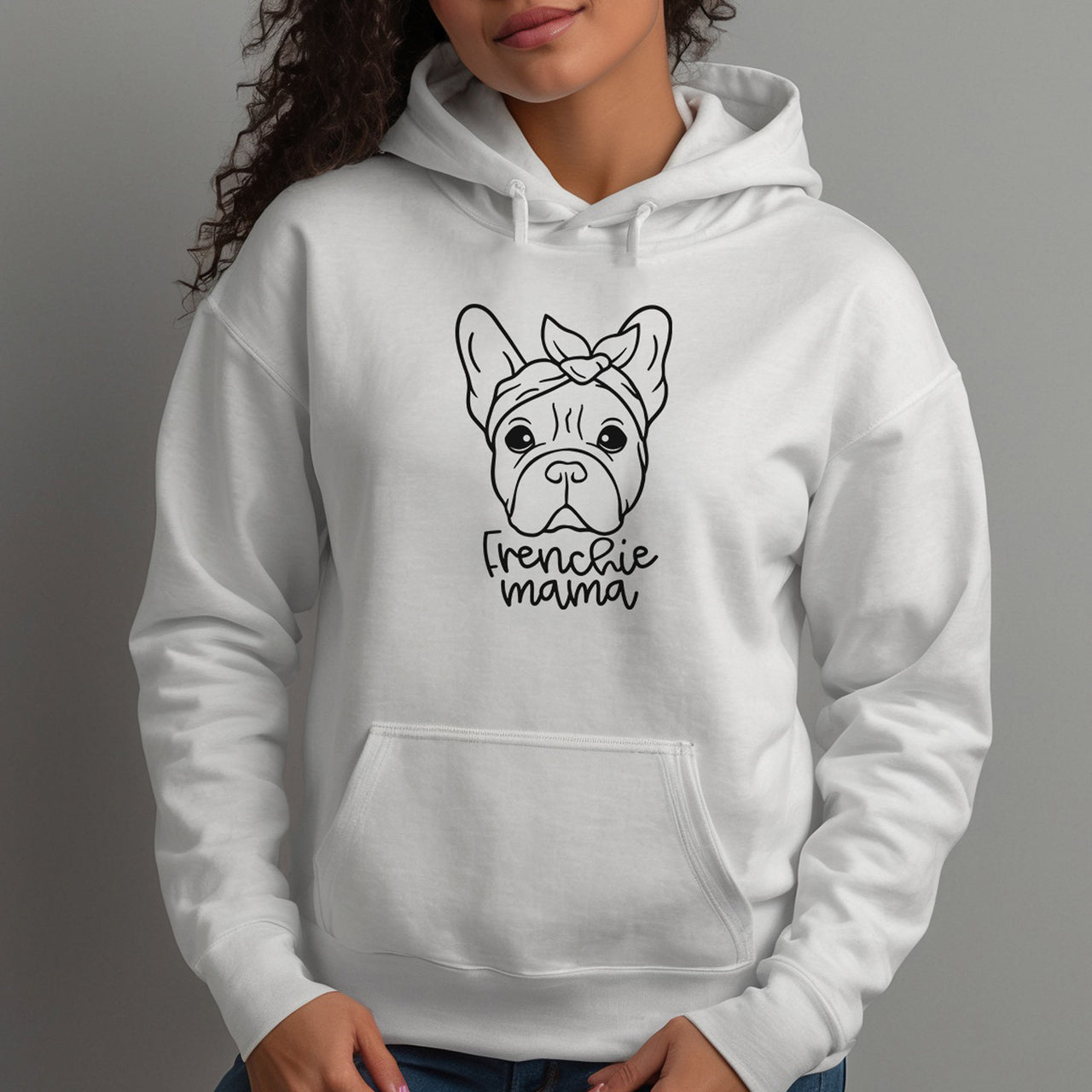 Frenchie Mama Bow Iron-On Transfer - DENMARY HTV shown on a hoodie