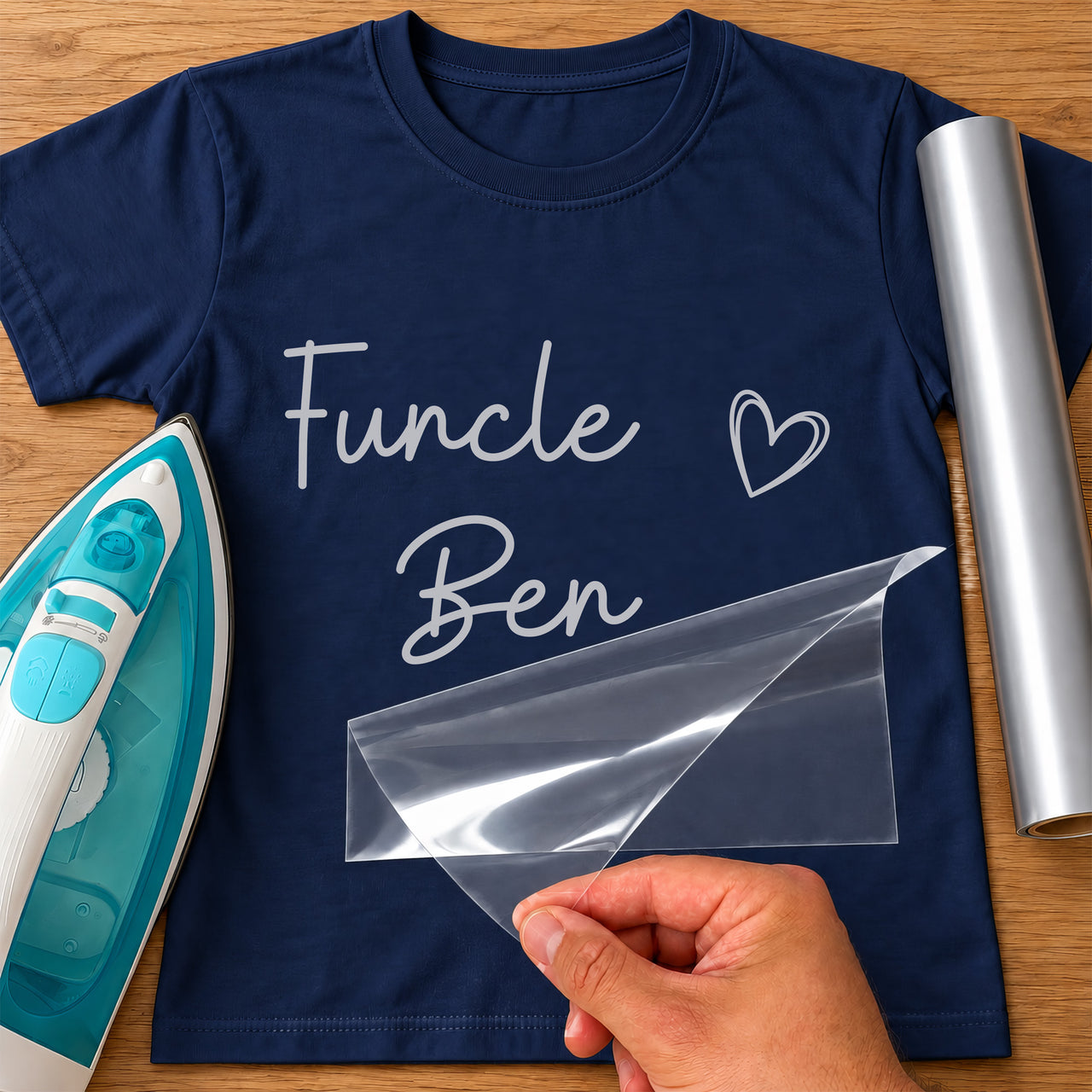 Navy T-shirt mockup with silver script "Funcle Ben" and an outline heart, iron, silver vinyl roll and peeled carrier sheet