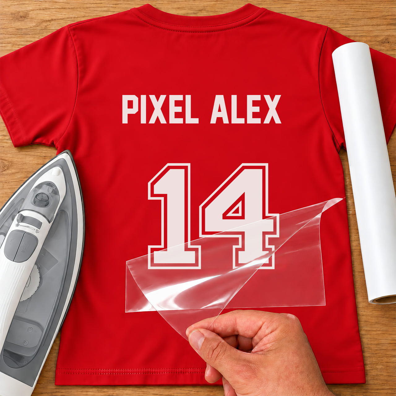 Gamer Tag & Number iron-on transfer: white PIXEL ALEX 14 with outline number on a red T-shirt, film being peeled