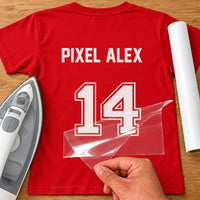 Gamer Tag & Number iron-on transfer: white PIXEL ALEX 14 with outline number on a red T-shirt, film being peeled