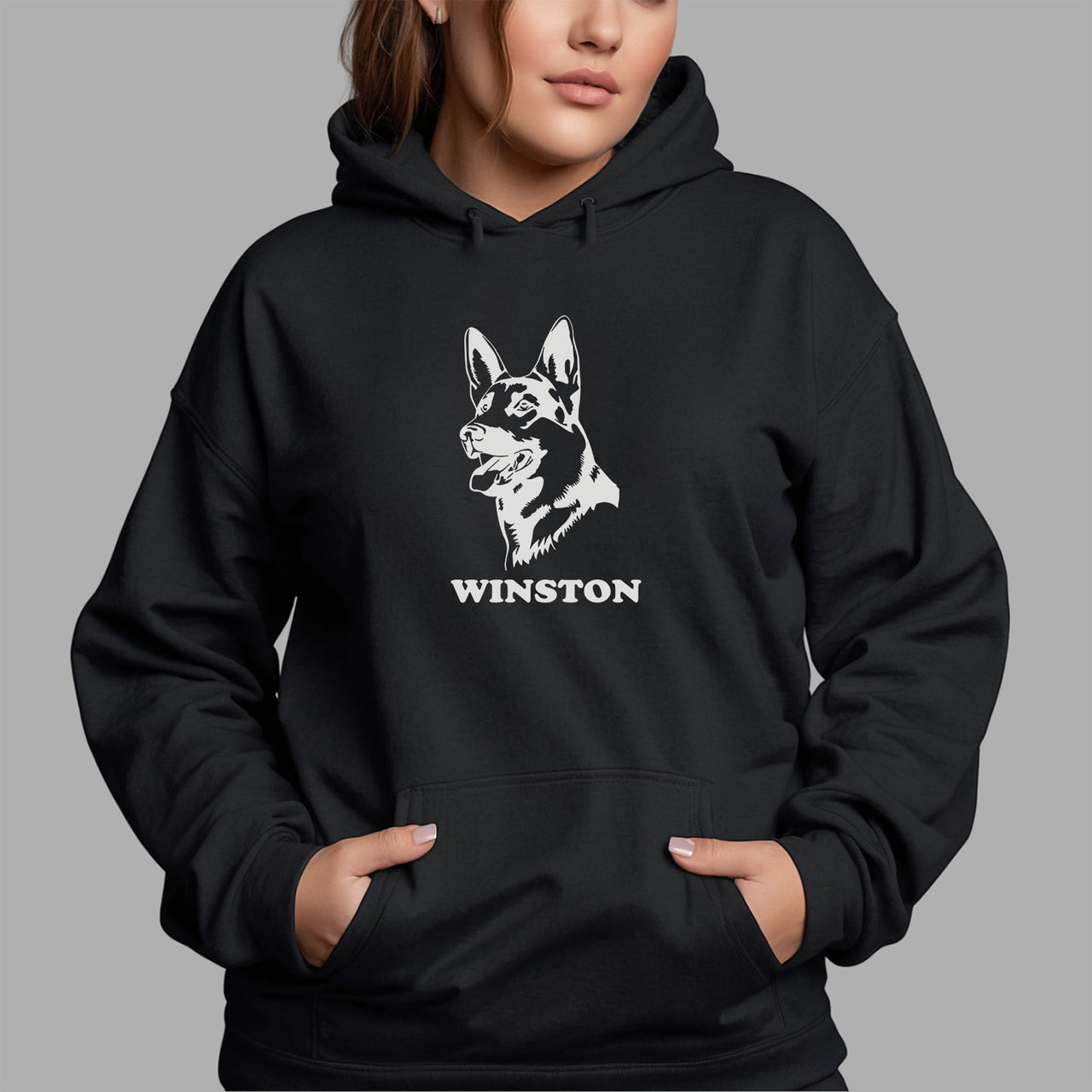 German Shepherd Iron-On Transfer - Personalised Pet Name Design shown on a hoodie