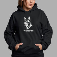 German Shepherd Iron-On Transfer - Personalised Pet Name Design shown on a hoodie