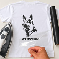 White T-shirt with black German Shepherd head portrait and 'WINSTON' name iron-on transfer, iron and black vinyl roll