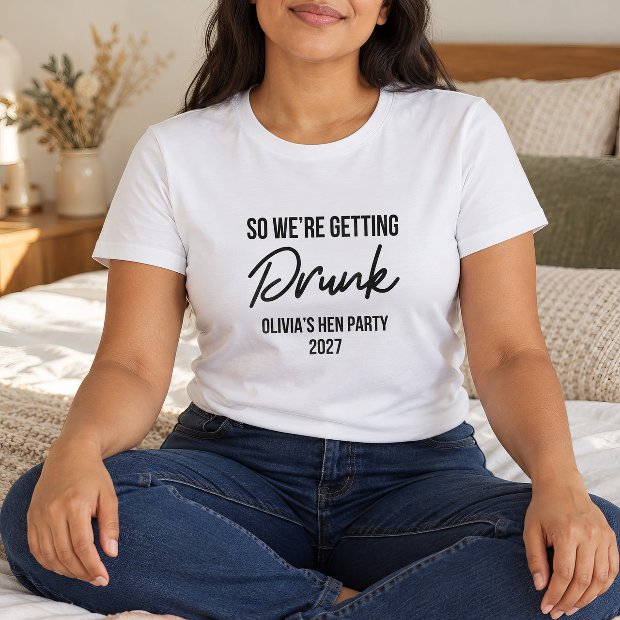 Getting Drunk Hen Party Iron-On Transfer, shown on a white t-shirt