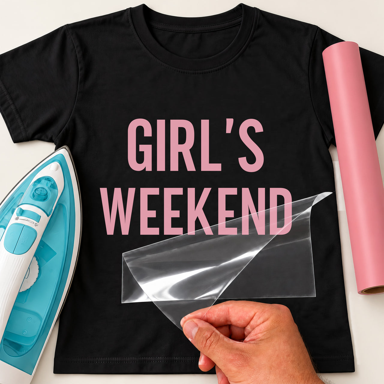 Black T-shirt with pink 'GIRL'S WEEKEND' block letters as heat transfer vinyl, film being lifted by hand