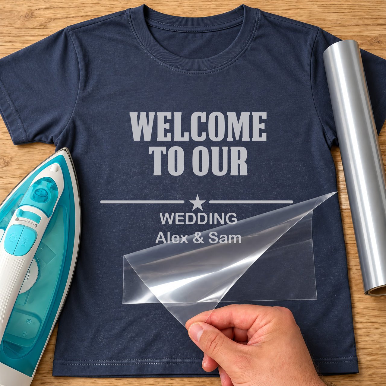 Text for Wedding Table iron-on transfer: silver WELCOME TO OUR WEDDING Alex & Sam on a navy T-shirt, film being peeled