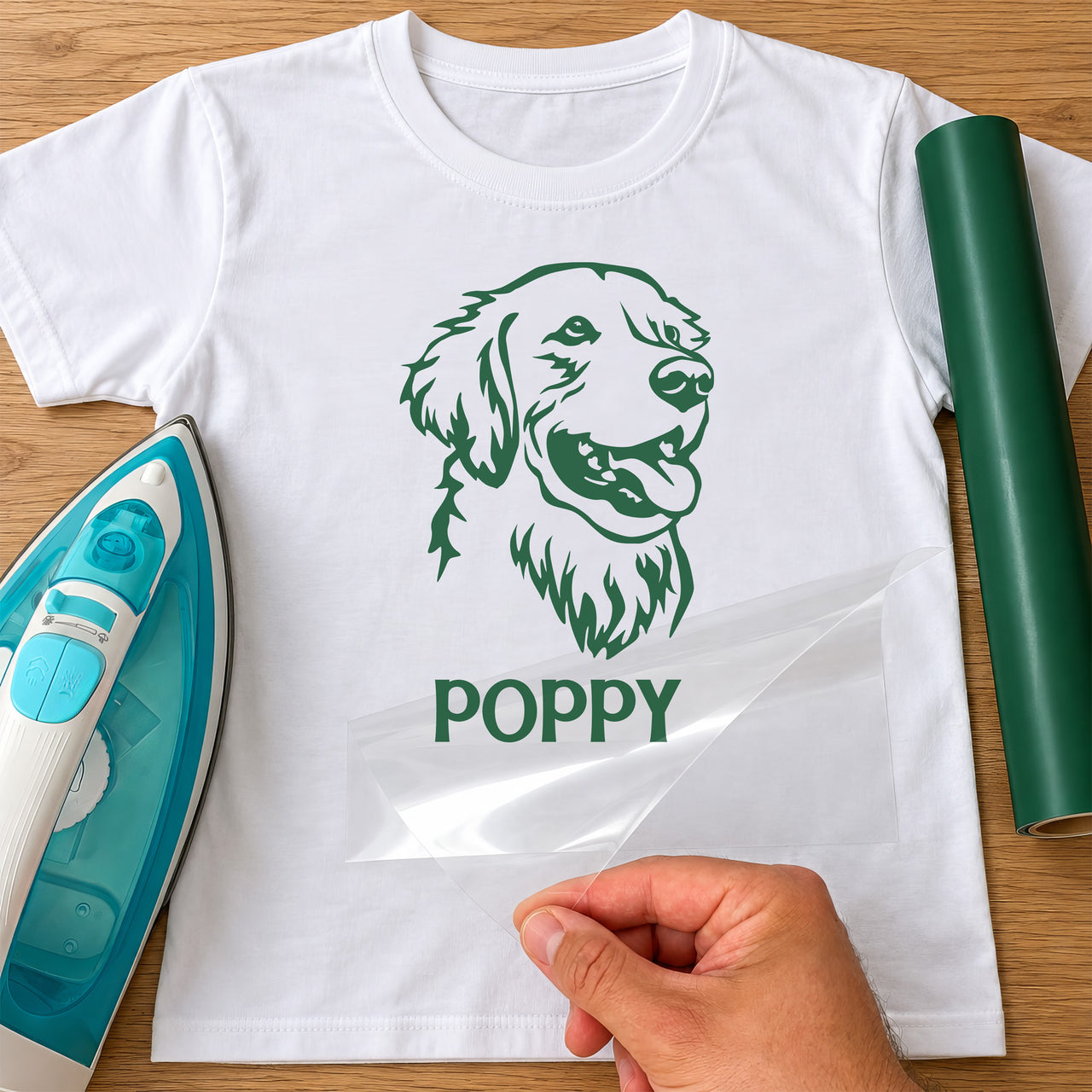 White T-shirt with green retriever head line drawing and 'POPPY' name iron-on transfer, iron and green vinyl roll