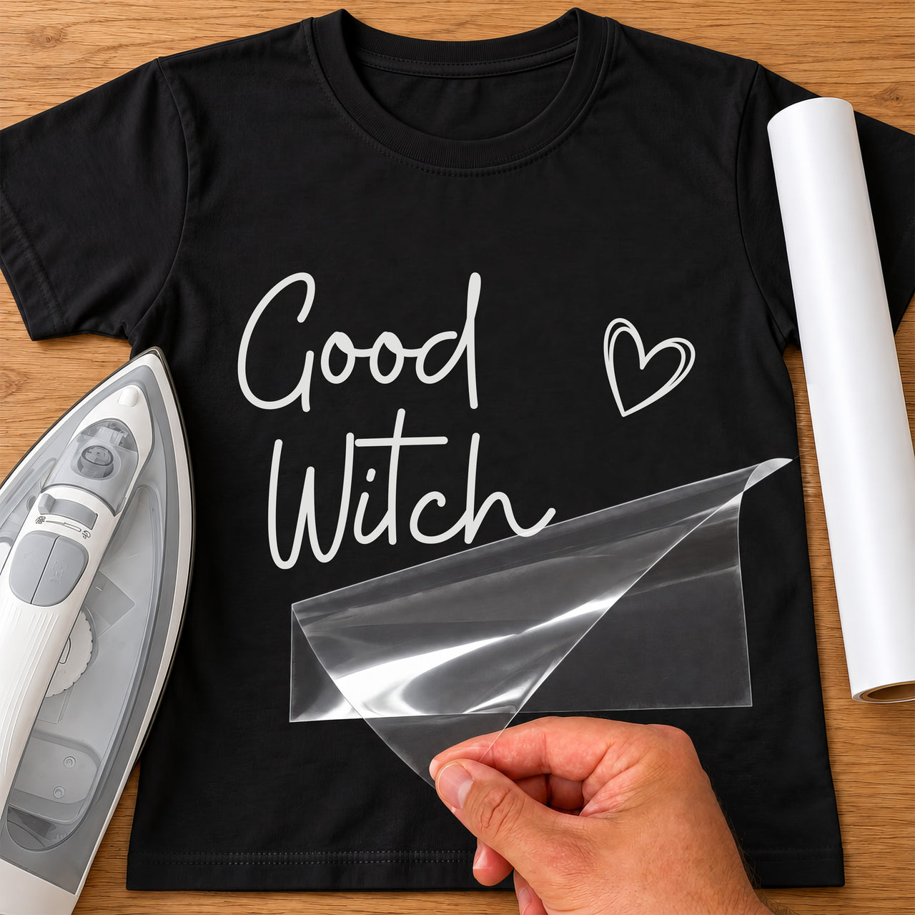 Black T-shirt with white handwritten "Good Witch" lettering and heart, iron and vinyl roll, sheet peeled off