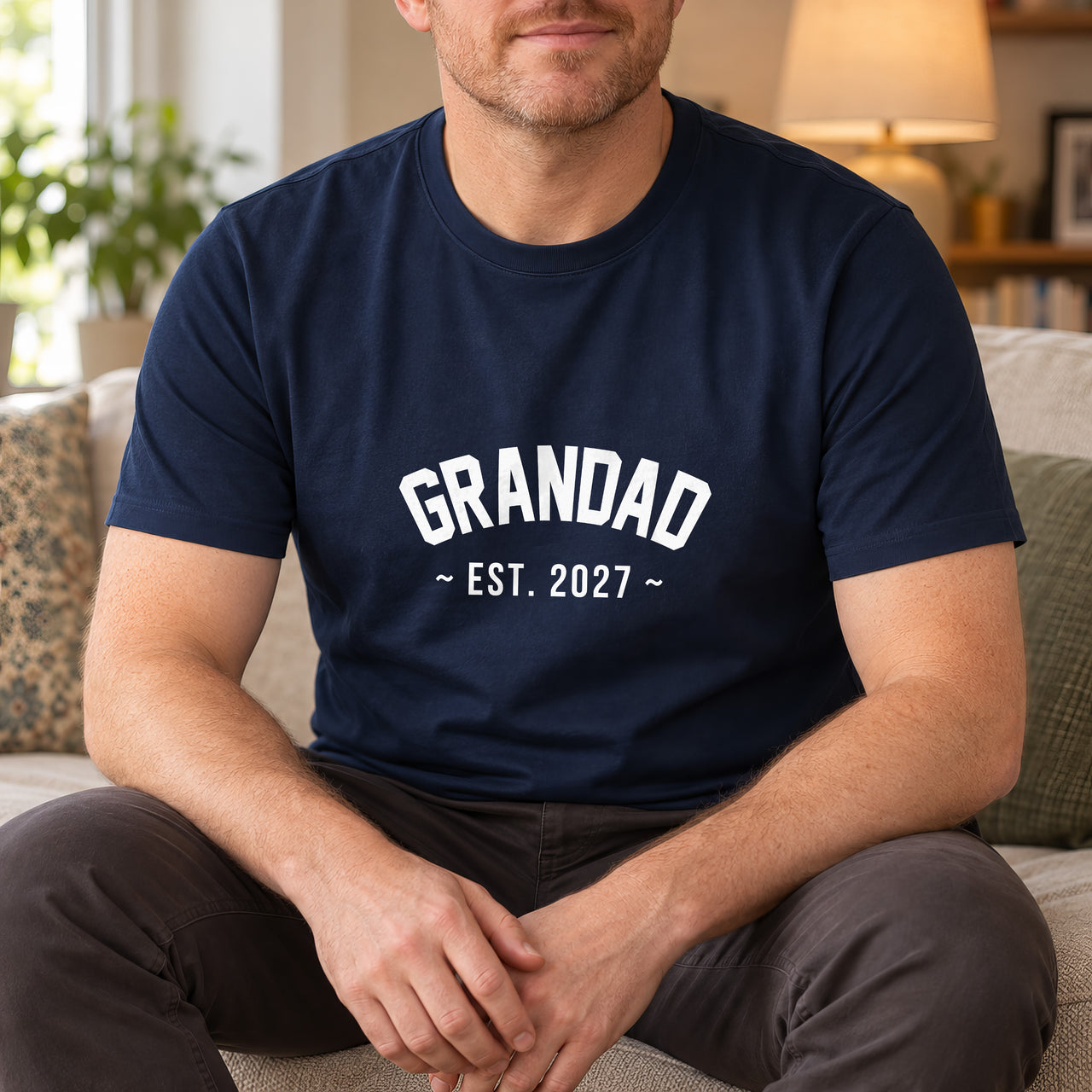 Grandad Est. Year Iron-On Transfer, shown on a navy t-shirt