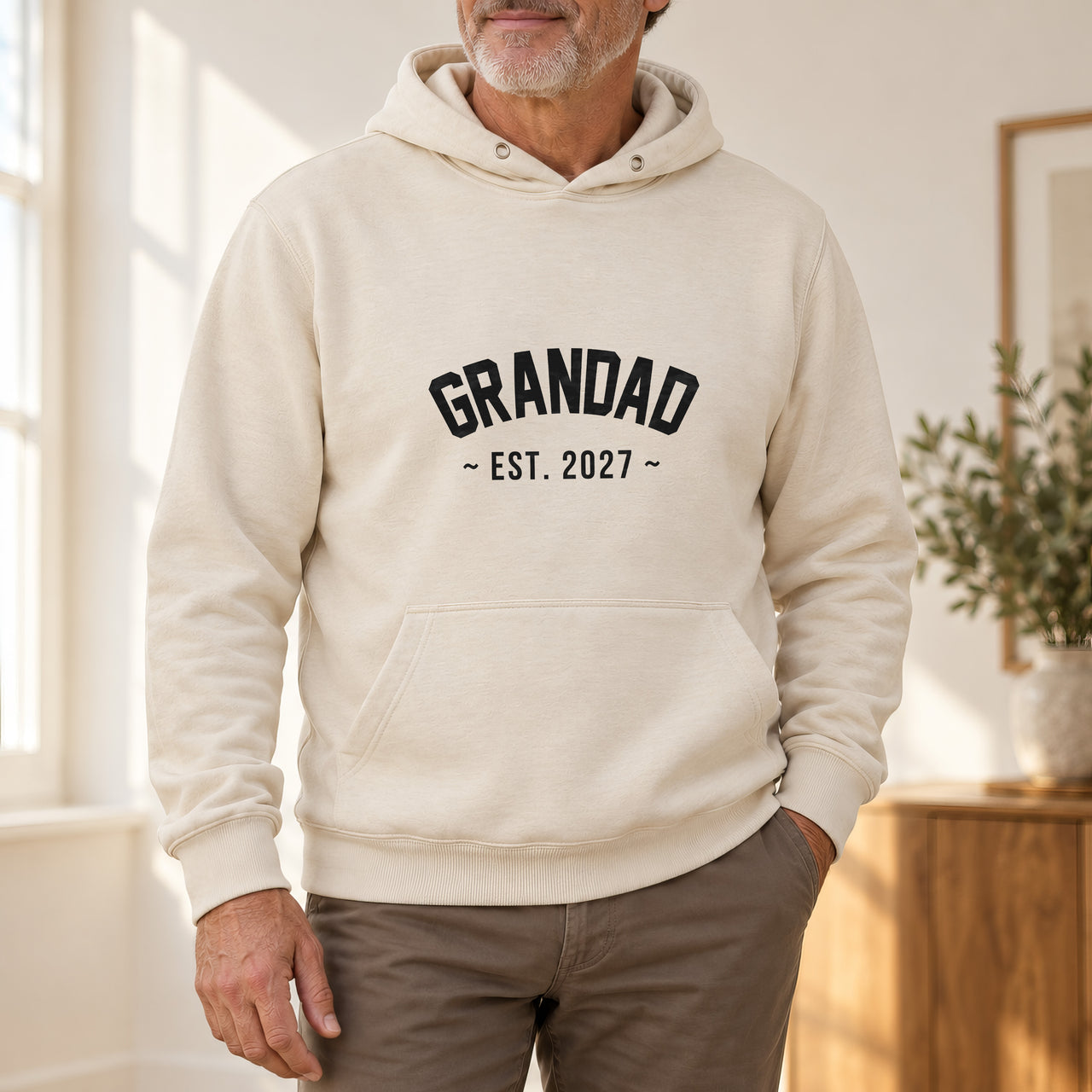 Grandad Est. Year Iron-On Transfer, shown on a natural hoodie