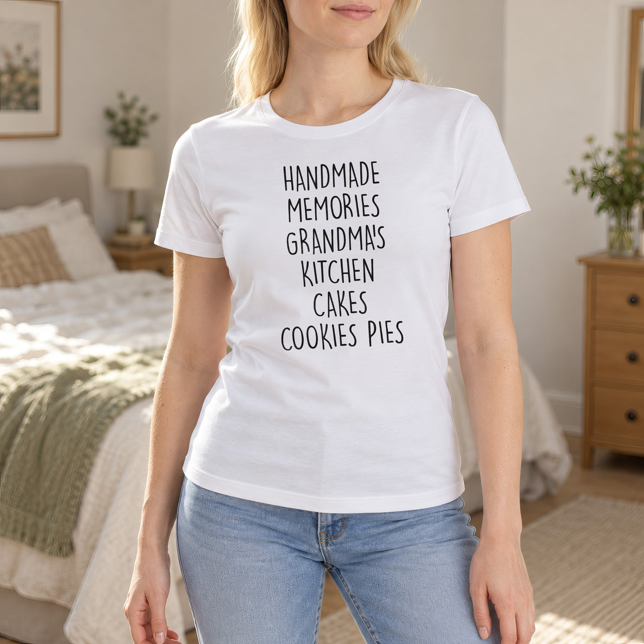 White T-shirt with the Grandma's Kitchen design printed on the chest
