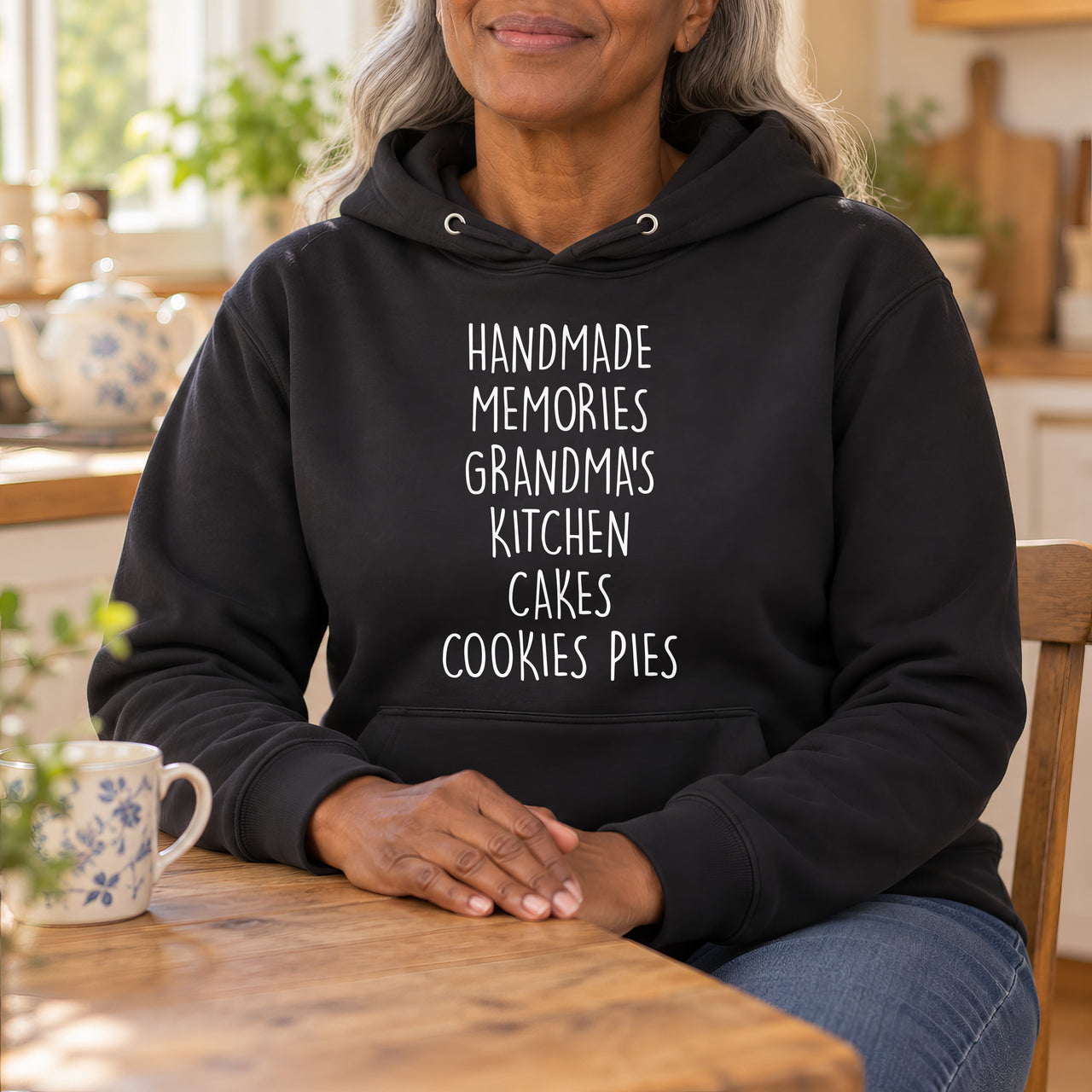 Black hoodie with the Grandma's Kitchen design printed on the chest