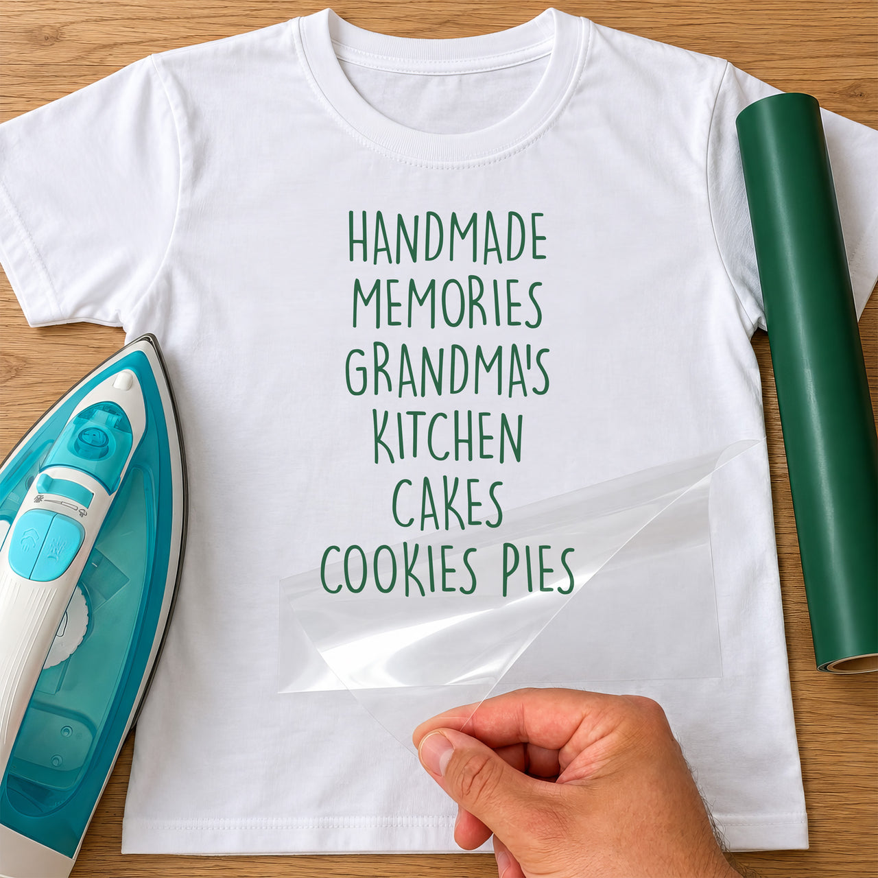 White T-shirt with 'HANDMADE MEMORIES GRANDMA'S KITCHEN CAKES COOKIES PIES' in green, iron-on vinyl transfer