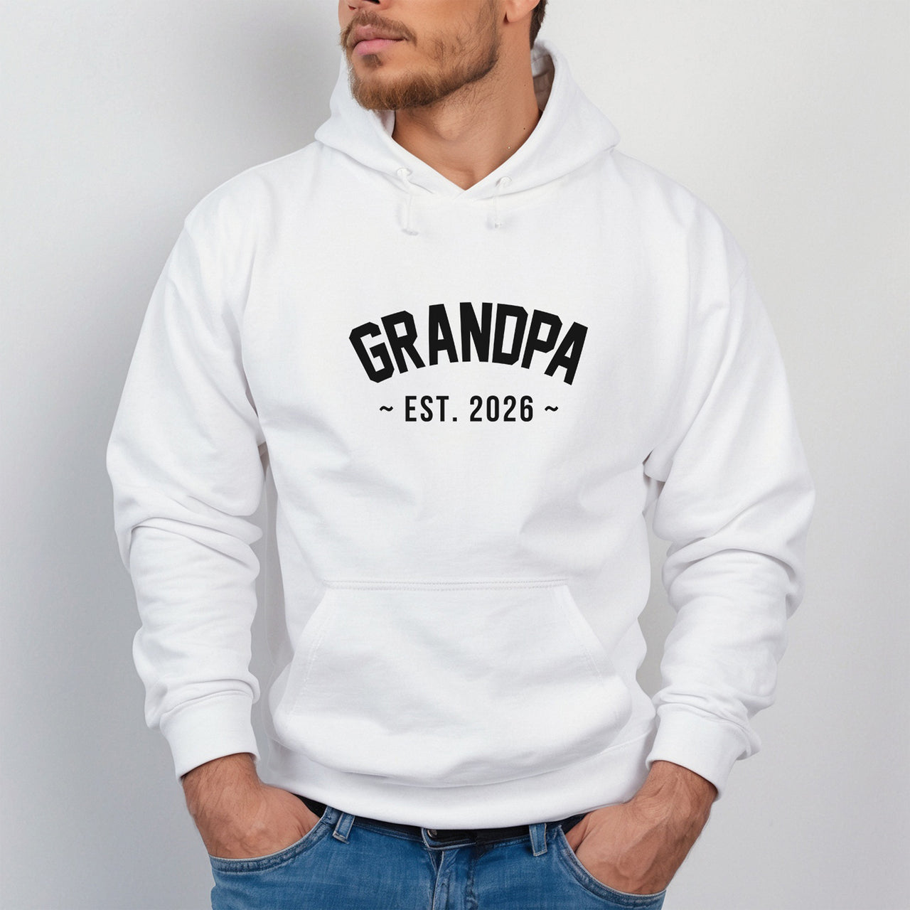 Grandpa Est. Iron-On Transfer - Personalised Grandparent HTV Design shown on a hoodie
