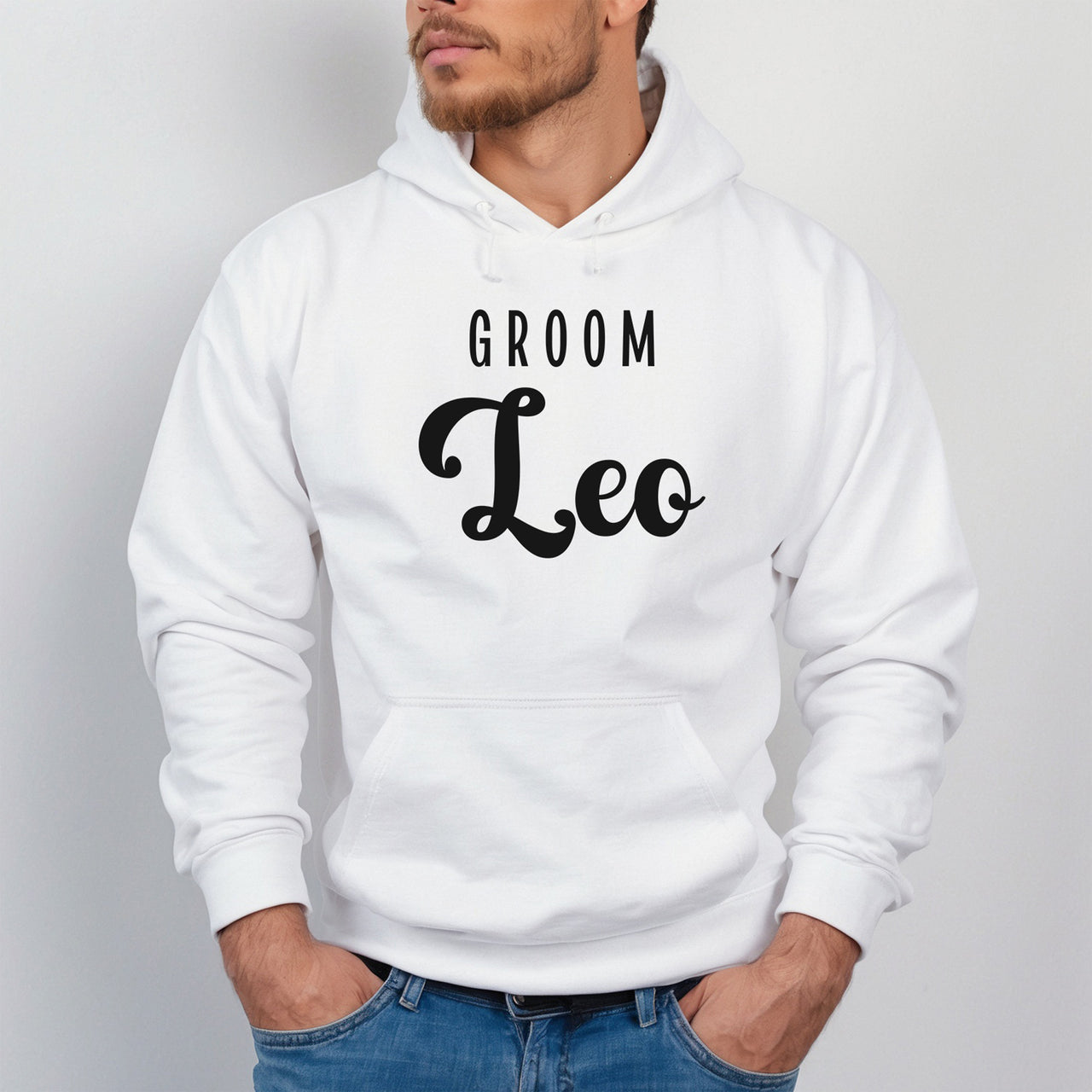 Groom Iron-On Transfer - Personalised Wedding Name Design shown on a hoodie